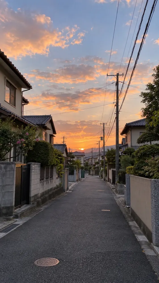 夕焼けの空へまっすぐのびる、住宅街の帰り道。