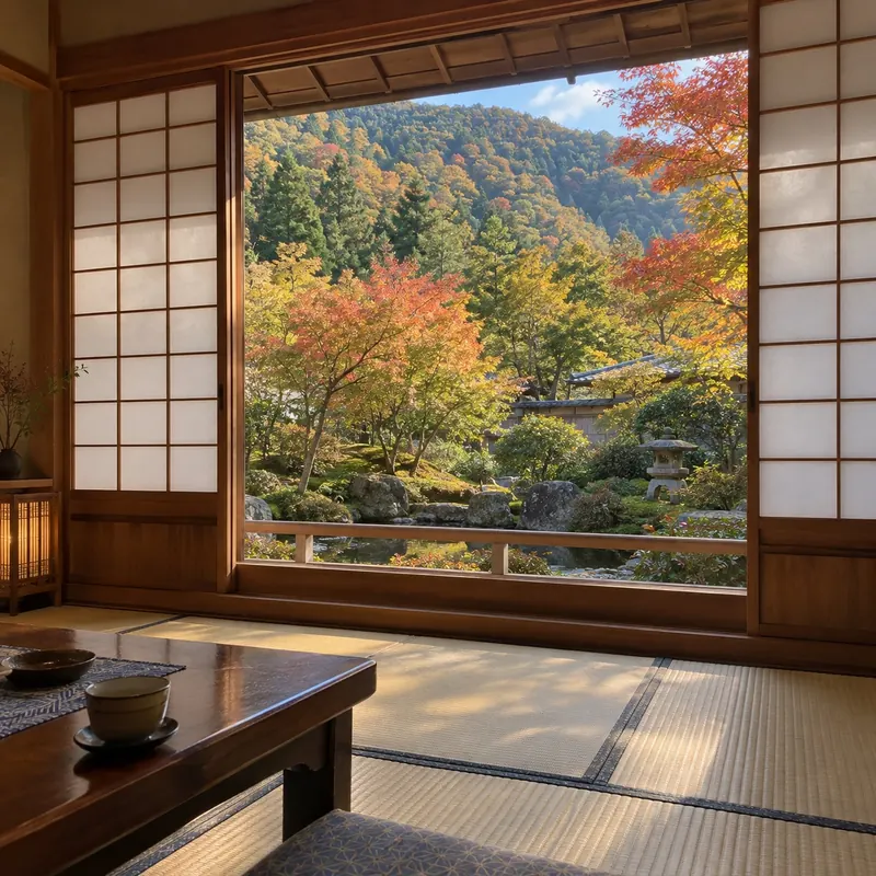 旅館の和室の窓の向こうに、紅葉の庭と山。