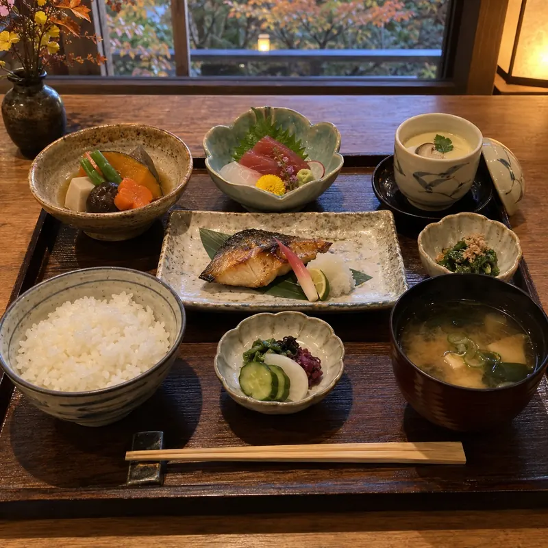 お膳に並んだ旅館の夕食。焼き魚、お造り、茶わん蒸し。