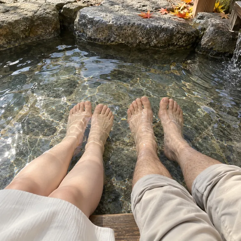足湯につかる、ふたりの足もと。