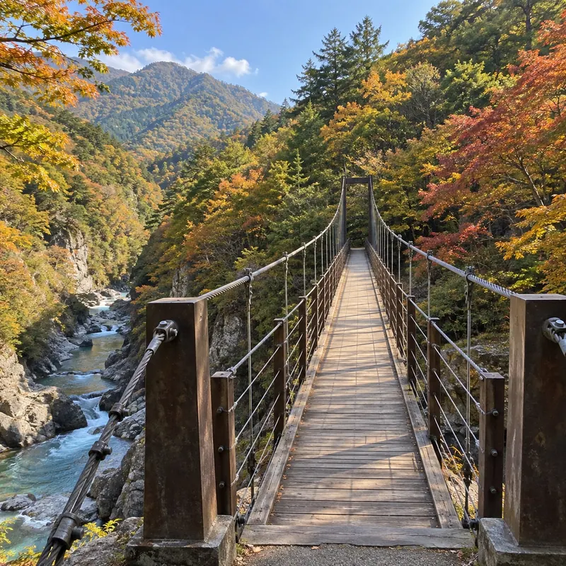 紅葉の渓谷にかかる、木の吊り橋。