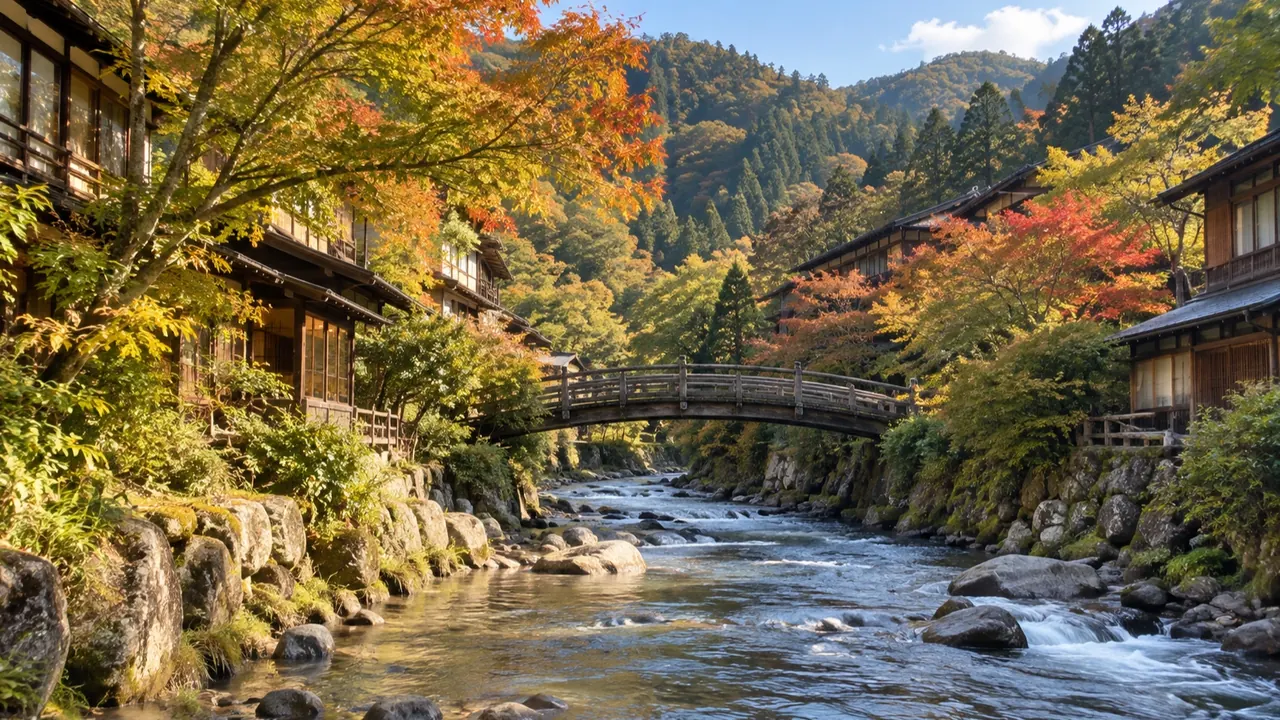 紅葉の山あいを流れる川と、木の橋。箱根の温泉街の秋。