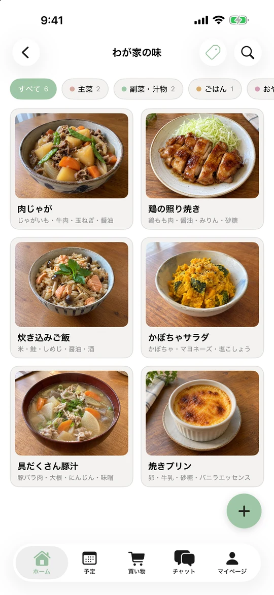 わが家の味の一覧。肉じゃが、鶏の照り焼きなど6品の写真。